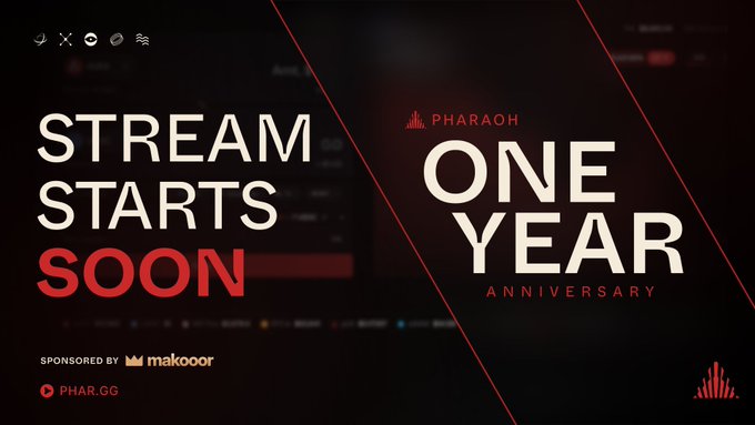 A 'Stream Starts Soon' announcement graphic for 'PHARAOH,' celebrating a 'ONE YEAR ANNIVERSARY,' sponsored by 'makoor' with the URL 'PHAR.GG' in the bottom corner.