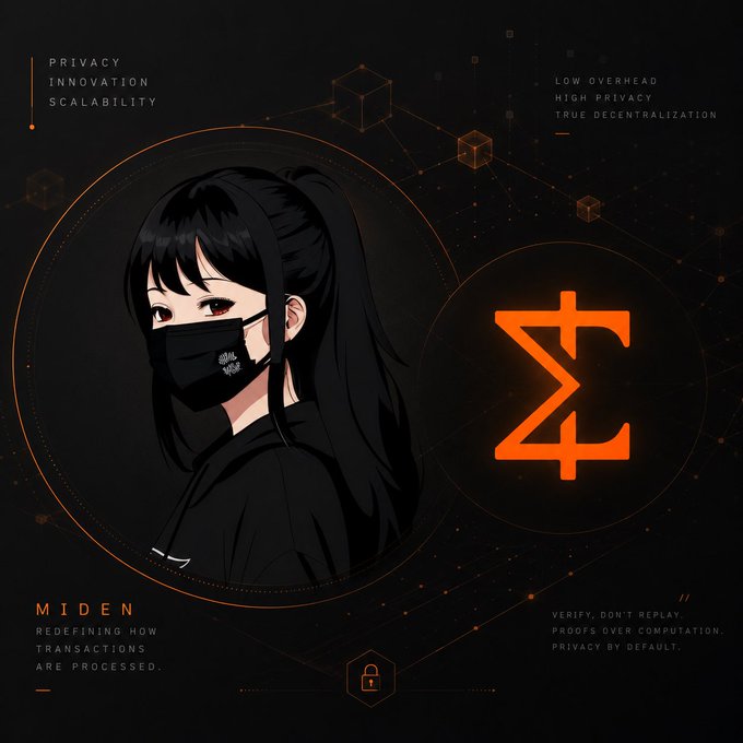 The image features a girl wearing a black outfit against a dark background with an orange symbol that reads "E". The girl has her hair styled in a ponytail. The caption of the image states "Day 12 with @0xMiden until TGE Most blockchains still force every node to process every transaction, even when those transactions have nothing to do with each other. That's one of the biggest reasons scaling becomes difficult."