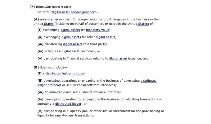 A legal definition of 'digital asset service provider' from a regulatory document, detailing who qualifies and exclusions like distributed ledger protocols and self-custodial software.