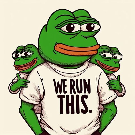 A cartoon illustration of three Pepe the Frog characters with a smug expression, the central one wearing a shirt reading 'WE RUN THIS.'