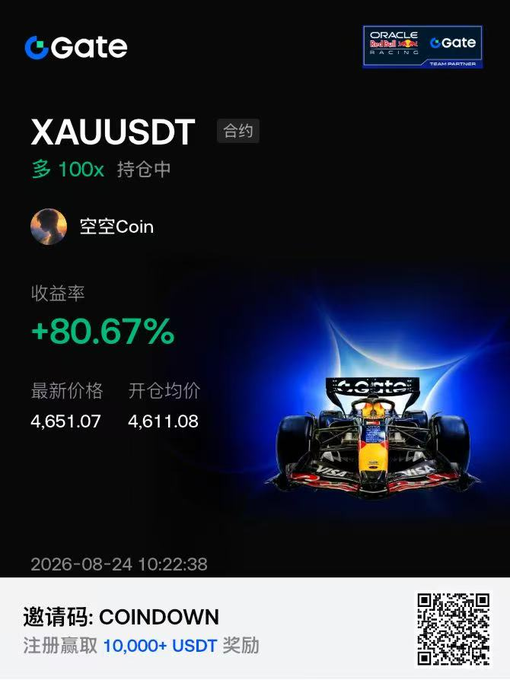 A Gate cryptocurrency trading app interface displaying a long position on XAUUSDT contract with 100x leverage and an +80.67% return rate, showing a price of 4,651.07 against an entry of 4,611.08, featuring a Formula 1 Oracle Red Bull Racing team partnership banner and an invitation code 'COINDOWN'.