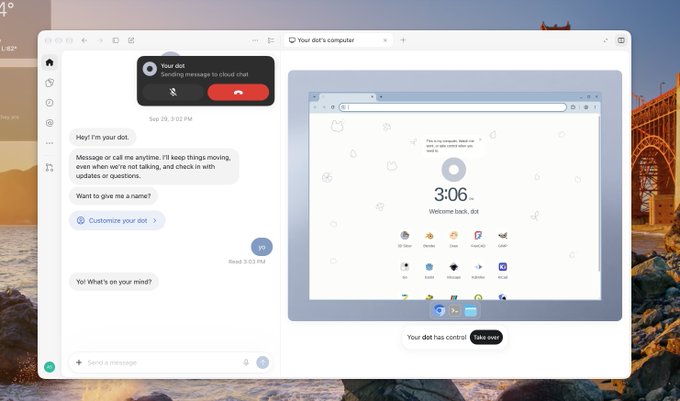 Screenshot of a 'Your dot' chatbot interface on a desktop with a notification indicating the dot is sending messages to cloud chat, and a control panel showing the time 3:06 on Wednesday, September 4th.