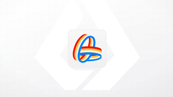 A minimalist logo on a white background featuring an intertwined blue, yellow, and red 'e' or 'O' shape inside a rounded square.