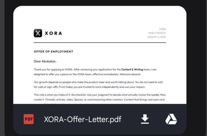 The image displays an offer of employment letter from XORA (dated August 2, 2026, from XORA.FINANCE) addressed to Abubakar for a Content & Writing role, referencing "XORA-Offer-Letter.pdf." It supports the post announcing that Abubakar has joined the @xora_finance team, visually confirming his new employment with the XRPL-related company.