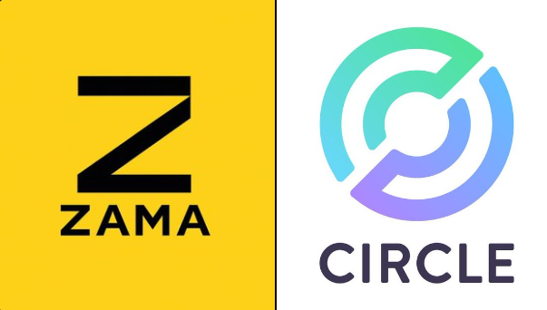 The image features two logos side by side against a gray background. The logo for "Zama" is positioned above the logo for "Circle", both written in black text. Below these logos, there's a smaller version of the Circle logo with a purple and blue color scheme. The text on the circle reads "circle". The image also includes some text that says "The main risk with 
$USDS is that a big chunk of it, around a third, is still backed directly by $USDC sitting in what'S called the peg stability module."