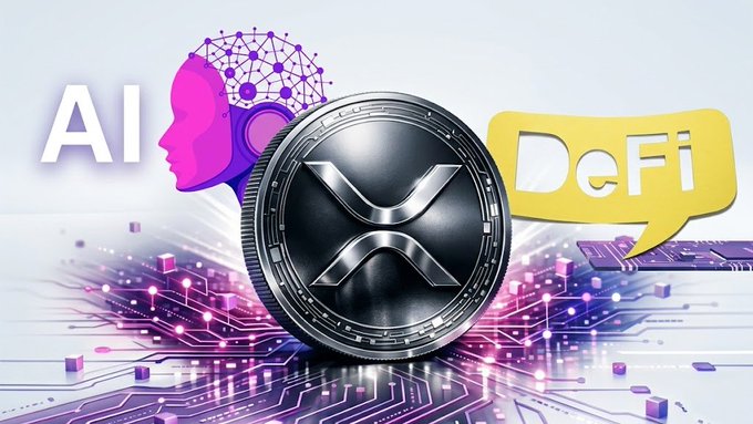 A digital illustration showing a silver XRP coin centered on a purple circuit board, flanked by an "AI" graphic with a pink head silhouette on the left and a yellow "DeFi" speech bubble on the right.