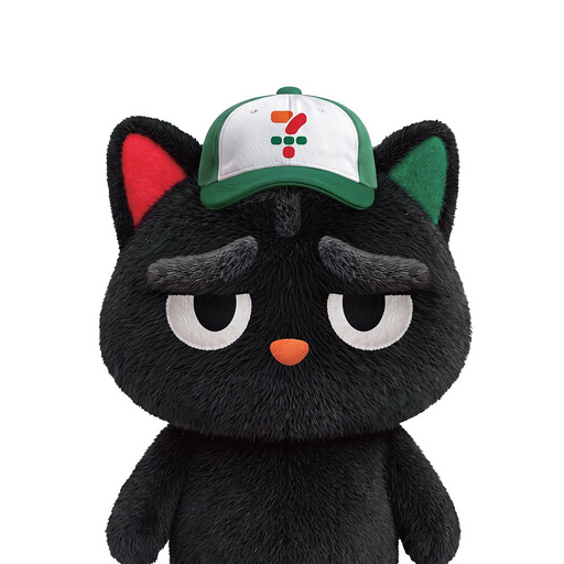 A 3D rendering of a black cat character wearing a green and white cap with an orange logo, featuring a grumpy expression.
