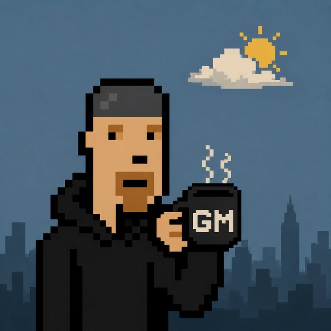 A pixel art illustration of a bearded man in a black hoodie holding a steaming mug labeled 'GM' against a city skyline with a sun and cloud.