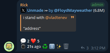 A Telegram message from "Rick" (admin) features a meme of Floyd Mayweather with the caption "i stand with @vladtenev" followed by the word "address"—a failed attempt at sharing a scam address that was never actually pasted, matching the post's joke.