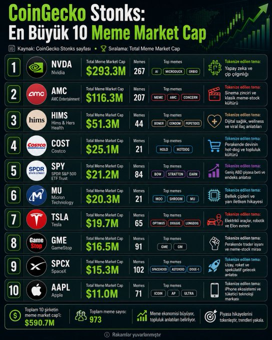 CoinGecko Stonks infographic in Turkish showing the top 10 meme market cap, led by NVDA at $293.3M, AMC at $116.3M, and HIMS at $51.3M.