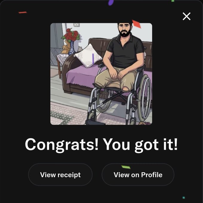 A digital collectible confirmation screen displays an illustrated portrait of a bearded man in a wheelchair sitting in a living room with a vase of roses, accompanied by the text "Congrats! You got it!" along with "View receipt" and "View on Profile" buttons. The image celebrates a charitable NFT purchase on OpenSea, reflecting the post's sentiment about helping people in difficult situations and finding fulfillment through giving.