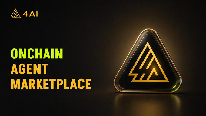 A sleek black and gold promotional graphic for 4AI features the text "ONCHAIN AGENT MARKETPLACE" alongside a glowing 3D triangular logo, visually representing the platform's launch on Robinhood Chain as a hub where users post requests and builders deploy coordinating AI agents.