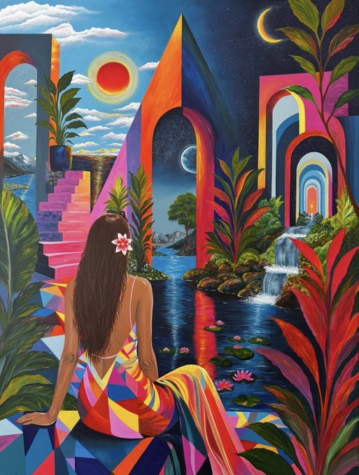 A vibrant, surrealist painting depicts a woman in a colorful dress gazing at geometric archways, a sun, a moon, and a waterfall scene.