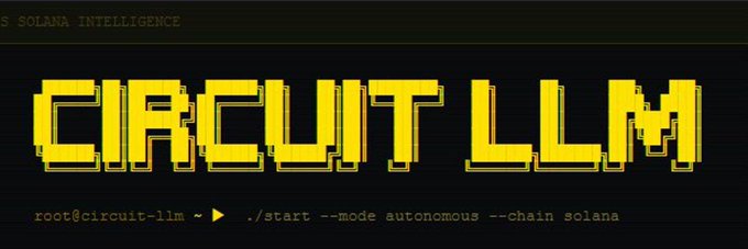 The image features a logo for a project called @circuitllm. The logo consists of yellow letters spelling out "CIRC" with a line of code below it, which reads "@circuitllm". This code is related to a website called @solana.info/circuitllm, and the post mentions that this project has been gaining traction in its early stages. It seems like a promising venture focused on creating an automated circuit for Bitcoin transactions.