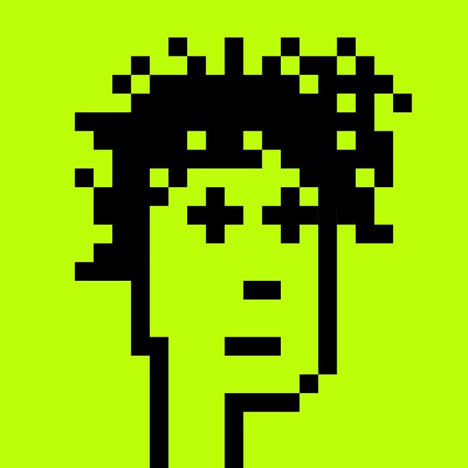 A pixel art portrait of a woman with dark, voluminous curly hair and pixelated "X" eyes, rendered in black on a lime green background — likely representing the artistic style of @Ronksart featured in the giveaway for 10 GTD mint spots.