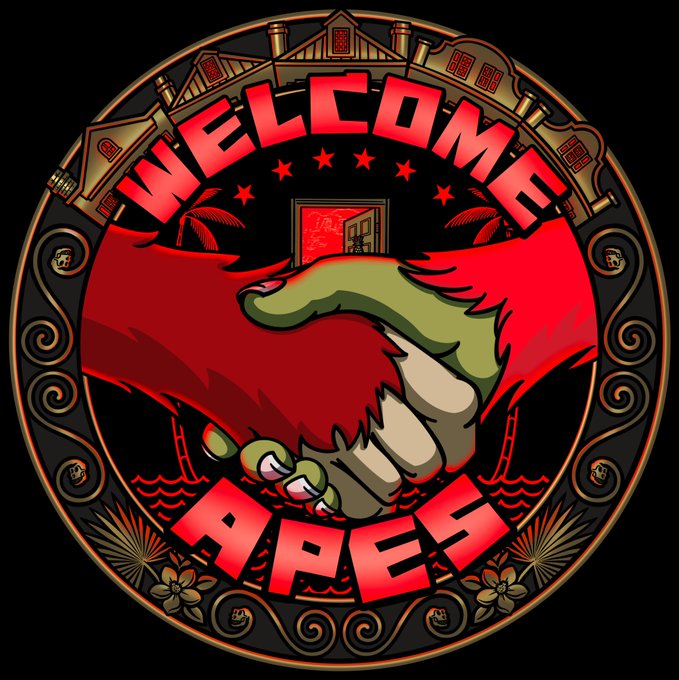 A Bored Ape Yacht Club-style circular emblem features a green ape's hand shaking a human hand against a red backdrop, framed by the text "WELCOME APES" with a skull-strewn border, visually reinforcing the post's invitation to a community gathering welcoming new members.