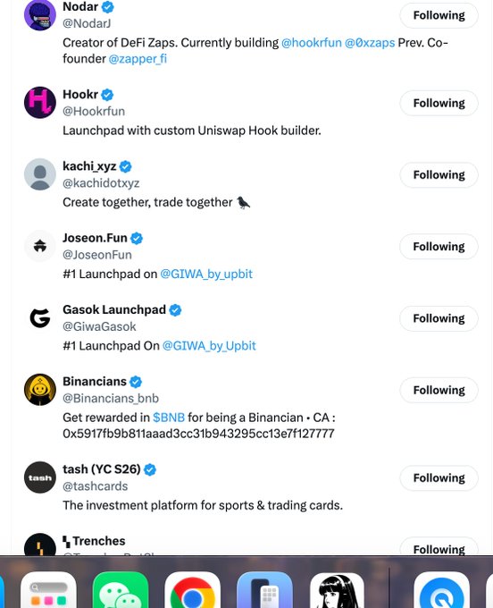 A mobile screenshot shows a following list with crypto accounts including Nodar, Hookr (@hookrfun), and Gasok Launchpad (@GiwaGasok).