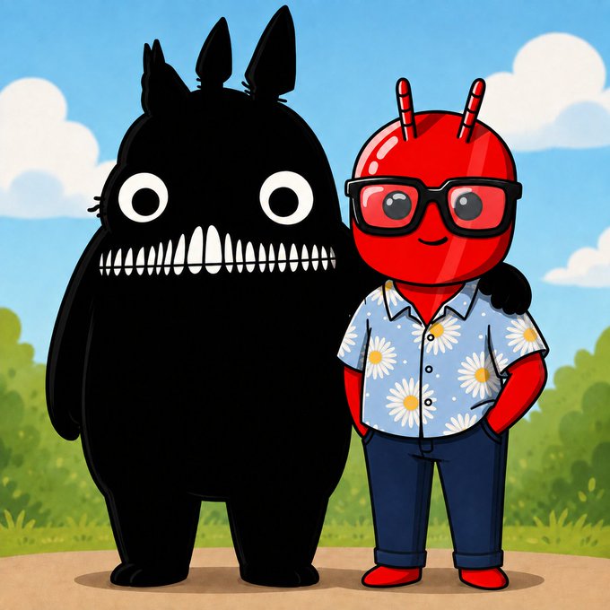 A cartoon illustration features a creepy black monster with sharp teeth standing next to a red character wearing glasses and a daisy-patterned shirt.