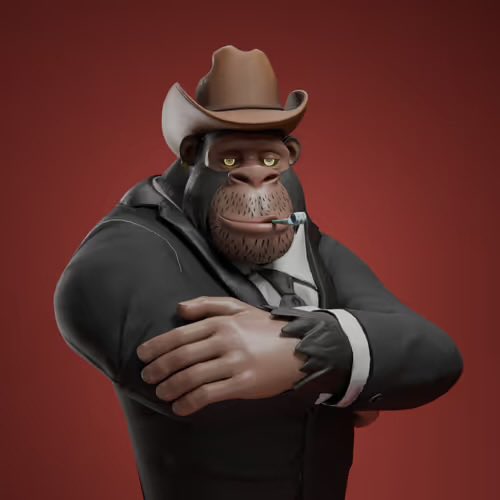 A 3D-rendered gorilla character wearing a cowboy hat, black suit, and tie poses with crossed arms against a red background.