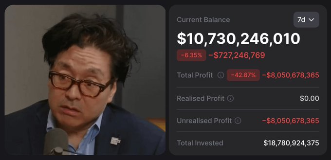 The image shows a screenshot of an Instagram post related to cryptocurrency trading. It displays two main elements, including a person's profile picture with the caption "BREAKING: Tom Lee'S Ethereum portfolio is now down $8,000,000,000". The post highlights that Tom Lee has lost a significant amount of money due to his cryptocurrency trading venture. This information provides context about how investing in cryptocurrency can result in substantial financial loss for individuals who are not experienced in this field.