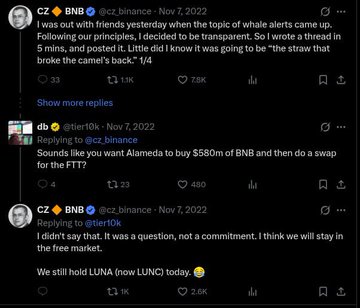 A screenshot of three tweets from CZ Binance (@cz_binance) discussing his November 2022 responses about whales, BNB, Alameda, and Terra Luna (LUNA), which now trades as LUNC. The thread shows CZ quoting a thread and stating "I didn't say that," while also replying to @tier10k that Binance would "still hold LUNA (now LUNC) today," providing historical context for the poster's bullish outlook on LUNC held on Binance.