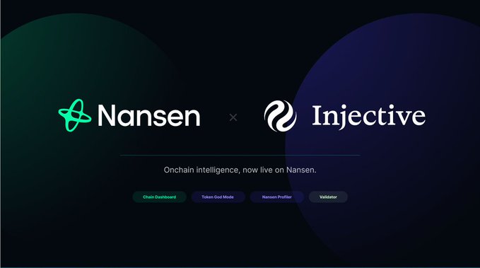 iven a black background, two circles with green and blue colors are displayed, accompanied by the text "Nansen x Injective" on the left and "Onchain intelligence, now on Nansen" on the right.