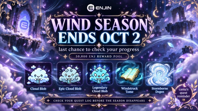 Image 4: A promotional graphic for "ENJIN" with text reading "WIND SEASON ENDS OCT 2 last chance to check your progress 50,000 ENJ REWARD POOL," featuring illustrations of Cloud Blob, Epic Cloud Blob, Legendary Cloud Blob, Windstruck Tome, and Stormborne Degen, plus a note to "CHECK YOUR QUEST LOG BEFORE THE SEASON DISAPPEARS."