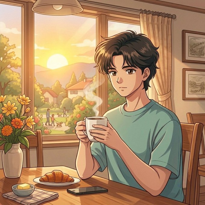 An anime-style illustration of a young man with dark hair sitting at a wooden table, holding a steaming mug of coffee, with a croissant, butter, a smartphone, and a vase of flowers on the table, overlooking a sunset scene through a window.