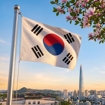 The South Korean flag waving on a flagpole against a backdrop of a city skyline with the Lotte World Tower, framed by pink magnolia blossoms.