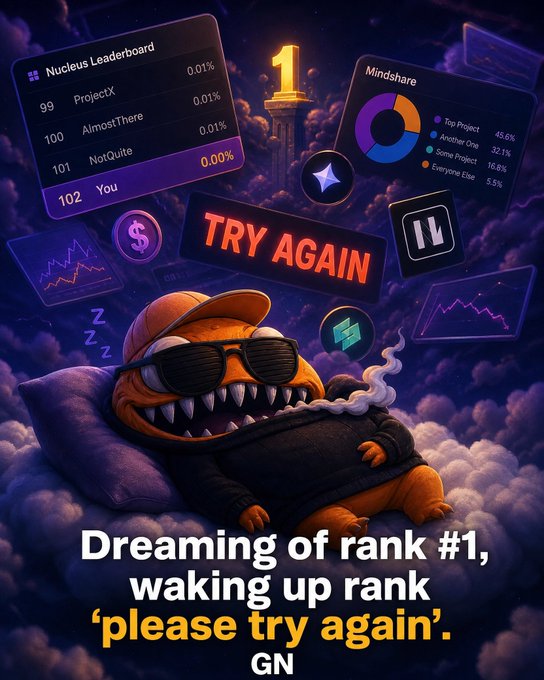 A cartoon orange character wearing sunglasses sleeps on a cloud, surrounded by floating screens showing a "Nucleus Leaderboard" ranking "You" at 102, with text reading "Dreaming of rank #1, waking up rank 'please try again'. GN".
