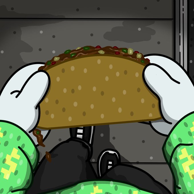 A cartoon-style illustration showing a first-person view of gloved hands holding a large taco, with the character's legs and sneakers visible below.