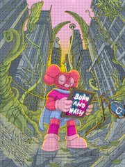 A colorful illustration of a figure holding a 'DONT ASK WHY' sign amid green tentacles and city buildings.