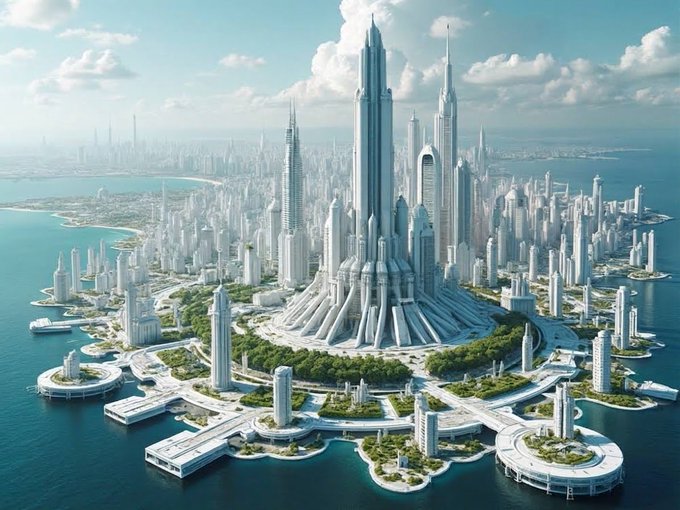 A futuristic, sprawling white city with towering skyscrapers and circular platforms extending into the water under a partly cloudy sky.