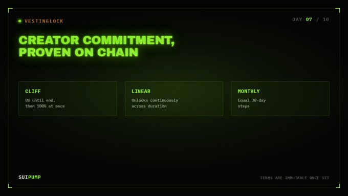 A dark-themed promotional graphic for 'VESTINGLOCK' on SUIPUMP, displaying 'CREATOR COMMITMENT, PROVEN ON CHAIN' with three vesting options: CLIFF, LINEAR, and MONTHLY.