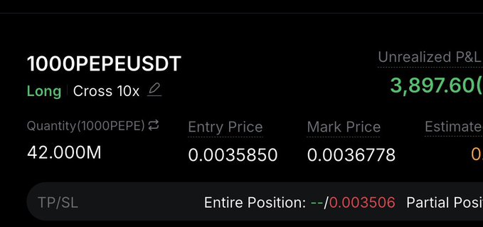The image shows a leveraged trading position on **1000PEPEUSDT** with a 10x cross long, featuring an entry price of 0.0035850, a mark price of 0.0036778, and a quantity of 42.000M tokens, generating an unrealized P&L of **$3,897.60**. This aligns with the post about taking a profitable long scalp on $PEPE, visually confirming the successful trade with the substantial green gain displayed.