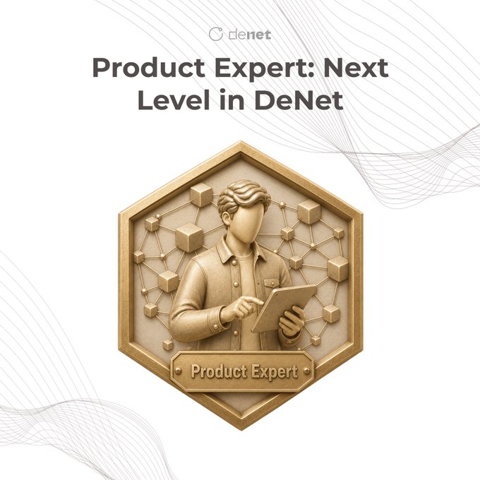A golden hexagonal "Product Expert" badge featuring a figure holding a tablet against a network of connected cubes, complementing the announcement recognizing top Storage Beta testers who earned the Product Expert role within the DeNet ecosystem.