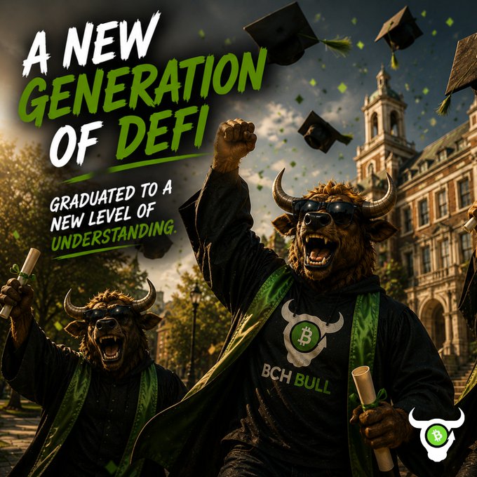 A promotional graphic featuring anthropomorphic bulls in graduation gowns throwing caps, with text 'A NEW GENERATION OF DEFI' and 'GRADUATED TO A NEW LEVEL OF UNDERSTANDING', displaying a 'BCH BULL' logo and Bitcoin Cash (BCH) branding.