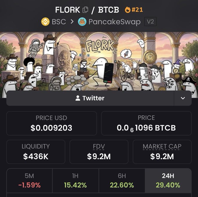A meme coin tracker screenshot showing $FLORK traded against $BTCB on PancakeSwap (BSC), with a price of $0.009203, $9.2M market cap, $436K liquidity, and 29.40% gains over 24 hours, supporting the post's bullish pitch about accumulating the token before a major exchange listing.