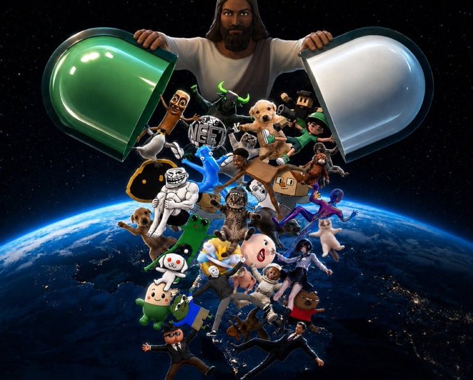 A bearded figure resembling Jesus pours a giant pill capsule labeled with green and white halves, releasing a cascade of iconic internet and gaming characters (including Sans, a Shiba Inu, and various game avatars) over Earth from space. The image symbolizes a crypto "pill" or meme drop flooding the world with internet culture tokens, fitting a weekend crypto market sentiment post.