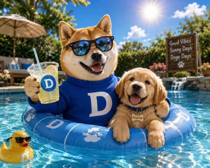 A humorous AI-generated image showing a Shiba Inu wearing sunglasses and a blue 'D' sweater, holding a drink with a 'D' logo, alongside a golden retriever puppy labeled 'Doge Pup' on a pool float in a swimming pool, with a 'Good Vibes / Sunny Days / Doge Days' sign in the background.