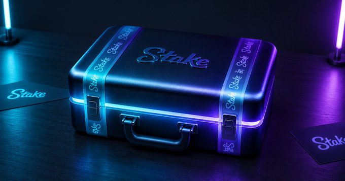The image features a black suitcase with blue and purple accents, sitting on top of a wooden table. There are two pieces of paper next to the suitcase that say "Stake" on them. The suitcase appears to be open or ready for use, possibly indicating an invitation to join a gaming event or competition related to the game "Stake".