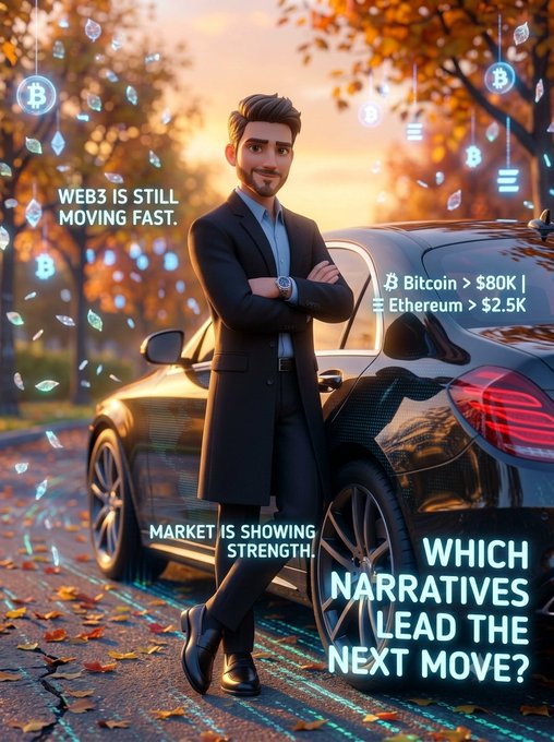 A man in a suit leaning against a black car with text overlays: 'WEB3 IS STILL MOVING FAST,' 'Bitcoin > $80K,' 'Ethereum > $2.5K,' 'MARKET IS SHOWING STRENGTH,' and 'WHICH NARRATIVES LEAD THE NEXT MOVE?'