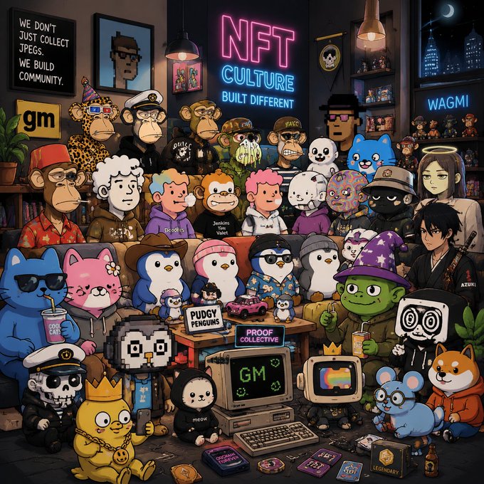 A vibrant illustration depicts a crowded room filled with iconic NFT characters—including Pudgy Penguins, Azuki, Bored Apes, and CryptoPunks—gathered around neon signs reading "NFT CULTURE BUILT DIFFERENT," "WAGMI," "GM," and "WE DON'T JUST COLLECT JPEGS. WE BUILD COMMUNITY," visually echoing the post's claim that NFTs created crypto's culture, communities, and identity.