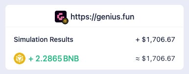 The image shows a wallet confirmation for **https://genius.fun** displaying a simulation result of **+ 2.2865 BNB** (approximately **$1,706.67**). 

This appears to illustrate a profit from a meme coin trade, supporting the post's invitation to check out SlimNetWhale's gains at fomo.family.
