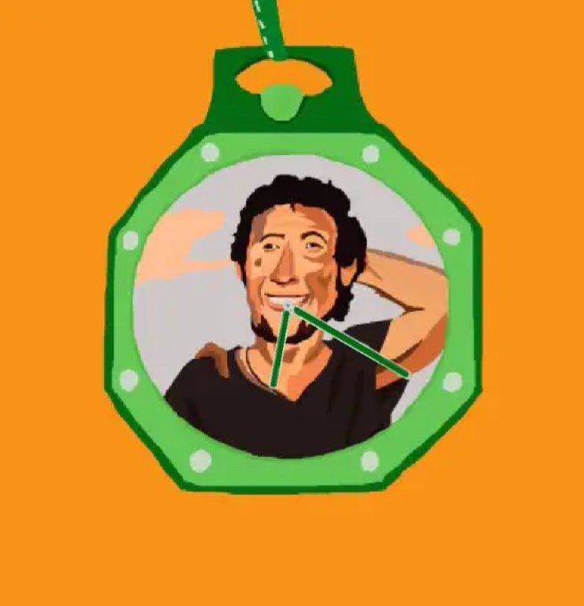 An illustration on an orange background showing a green octagonal pendant or clock ornament containing a portrait of a smiling man with dark hair and a goatee, with green clock hands overlaid.