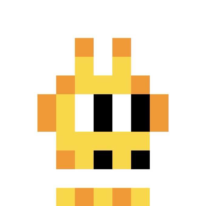 Pixel art of a yellow and orange cat-like character with large black and white eyes on a white background.
