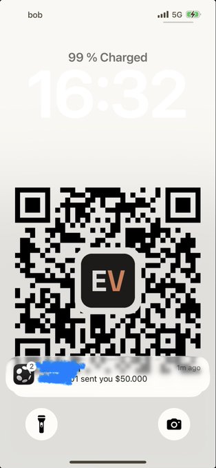 An iPhone lockscreen showing 'bob', 99% Charged, time 16:32, a large QR code with an 'EV' logo in the center, and a notification that 'bob sent you $50,000'.