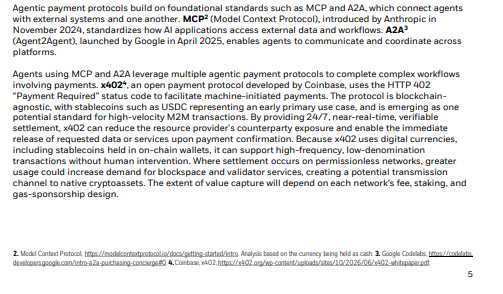 A document page detailing agentic payment protocols like MCP and A2A, mentioning Coinbase, Stripe, Circle, x402, and the HTTP 402 'Payment Required' status code.