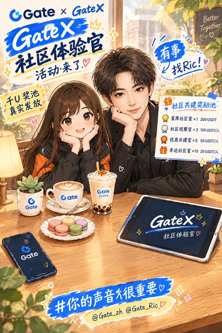 An anime-style promotional image for 'Gate x GateX 社区体验官' (Community Experience Officer) event, showing two characters with Gate.io products including a phone, tablet, coffee cup, and macarons.