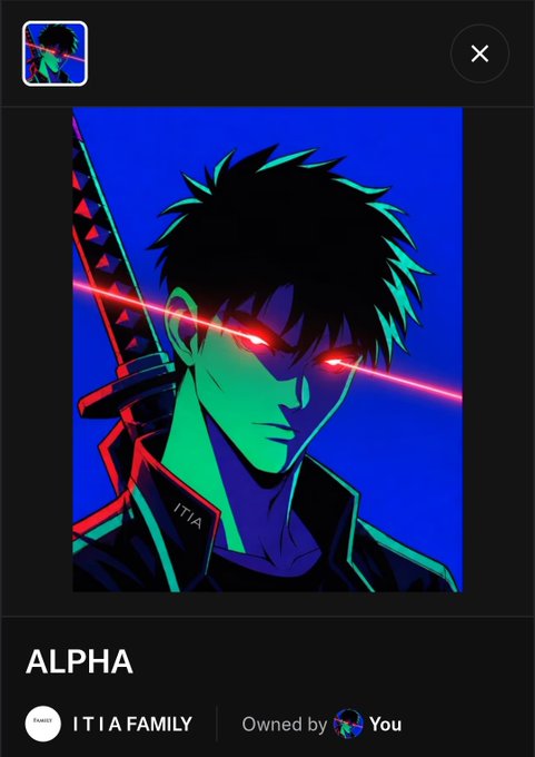 The image displays a digital NFT titled "ALPHA" from the ITIA Family collection, featuring a striking anime-style character with glowing red eyes and a katana against a blue background, shown as owned by the user. This visual ties to the post announcing ITIA Family's official launch on OpenSea, presenting the "ALPHA" piece as the inaugural chapter of their on-chain story-driven identity project.